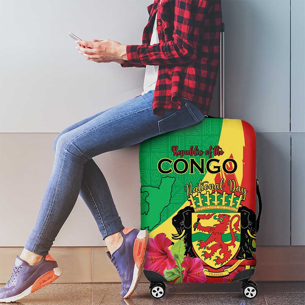Personalized Congo Brazzaville National Day Luggage Cover Coat Of Arms Hibiscus Flower - Wonder Print Shop
