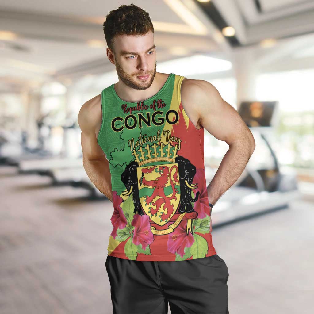 Personalized Congo Brazzaville National Day Men Tank Top Coat Of Arms Hibiscus Flower - Wonder Print Shop