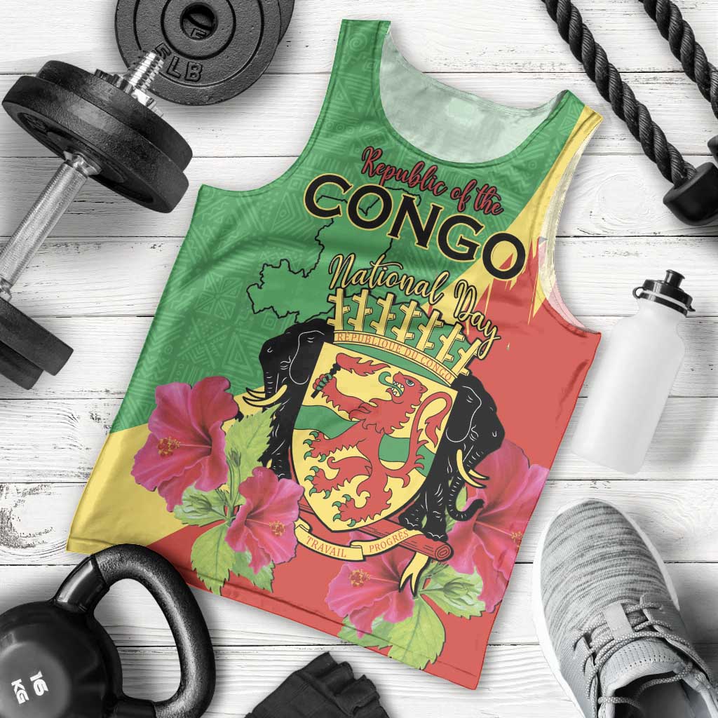 Personalized Congo Brazzaville National Day Men Tank Top Coat Of Arms Hibiscus Flower - Wonder Print Shop