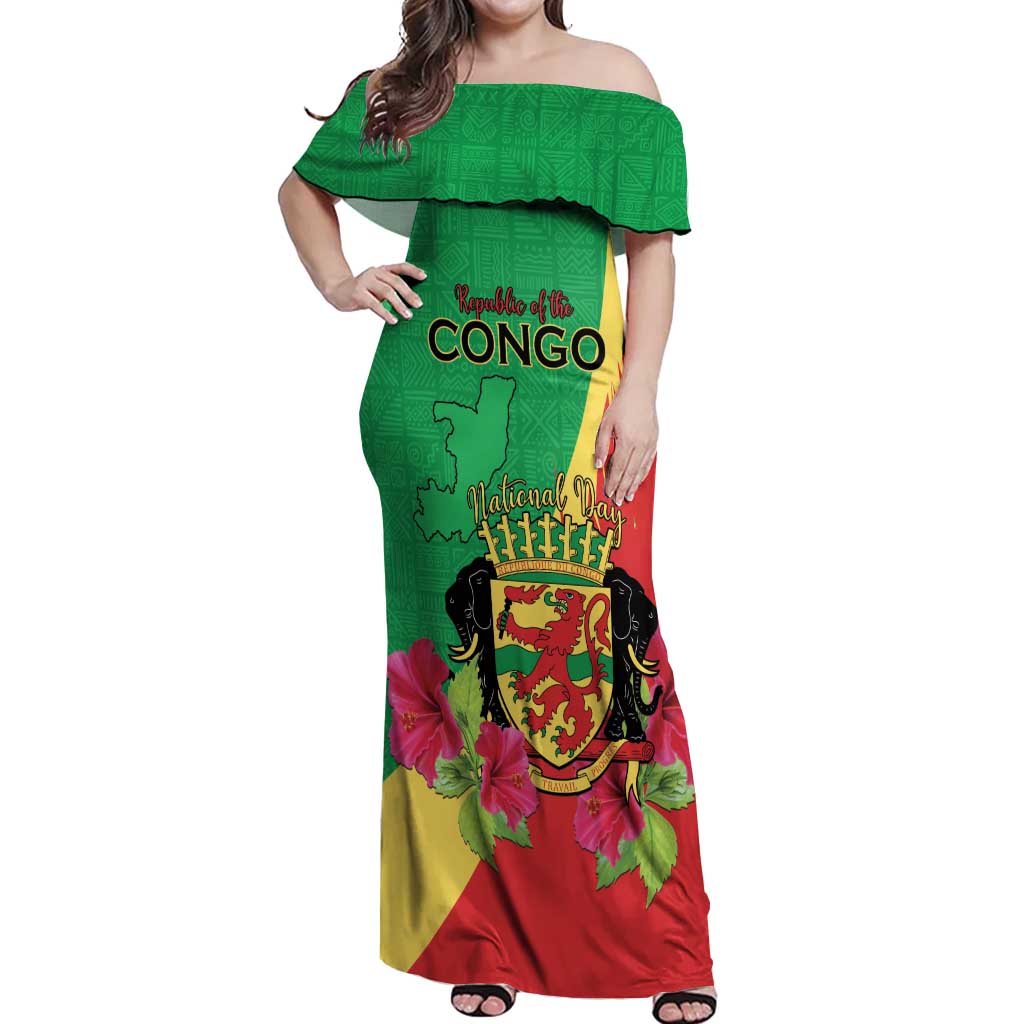 Personalized Congo Brazzaville National Day Off Shoulder Maxi Dress Coat Of Arms Hibiscus Flower - Wonder Print Shop