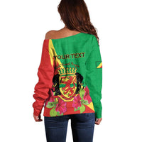 Personalized Congo Brazzaville National Day Off Shoulder Sweater Coat Of Arms Hibiscus Flower - Wonder Print Shop