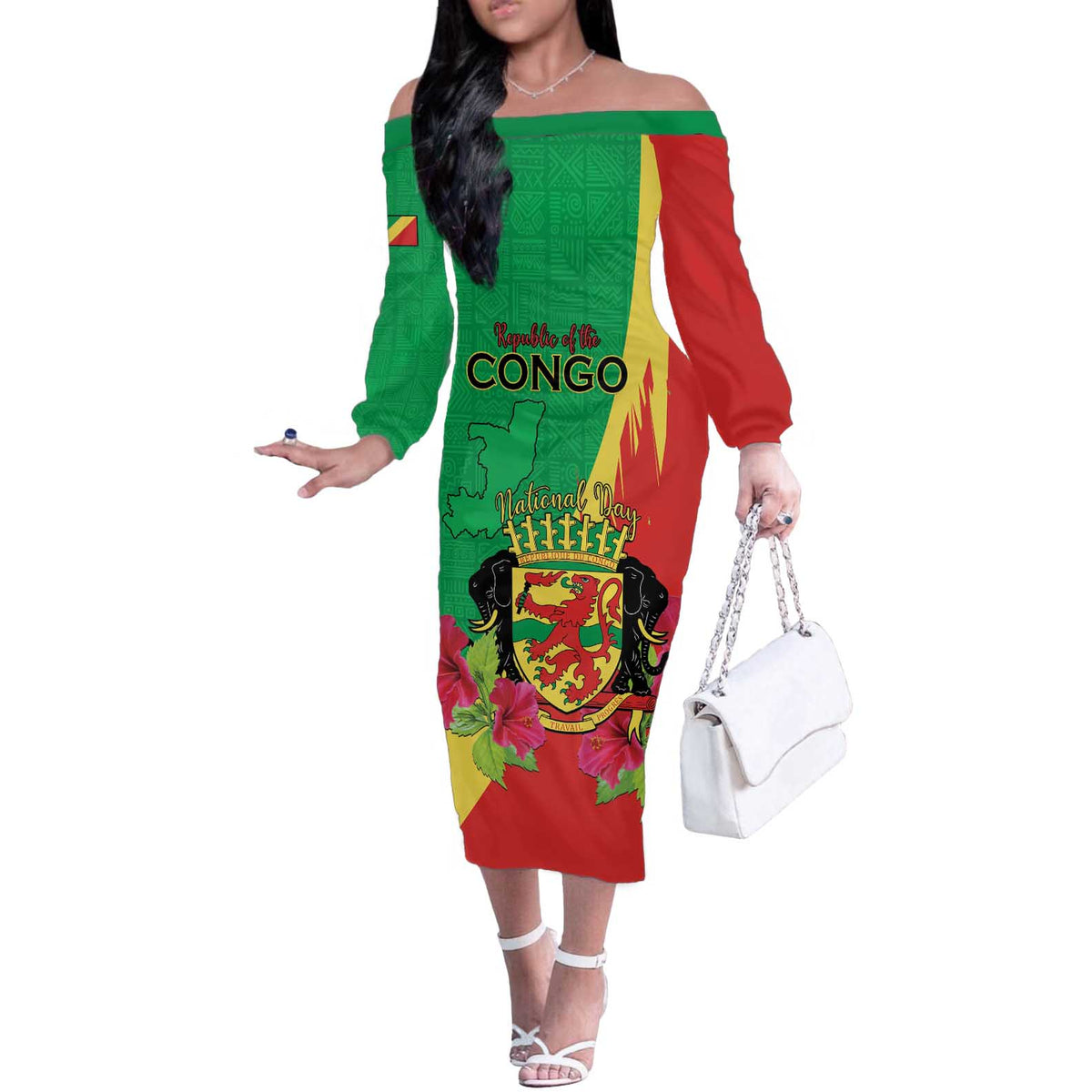 Personalized Congo Brazzaville National Day Off The Shoulder Long Sleeve Dress Coat Of Arms Hibiscus Flower - Wonder Print Shop