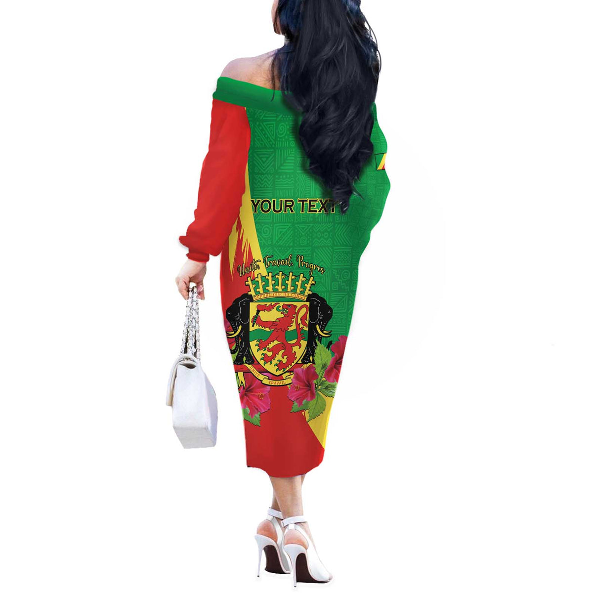 Personalized Congo Brazzaville National Day Off The Shoulder Long Sleeve Dress Coat Of Arms Hibiscus Flower - Wonder Print Shop