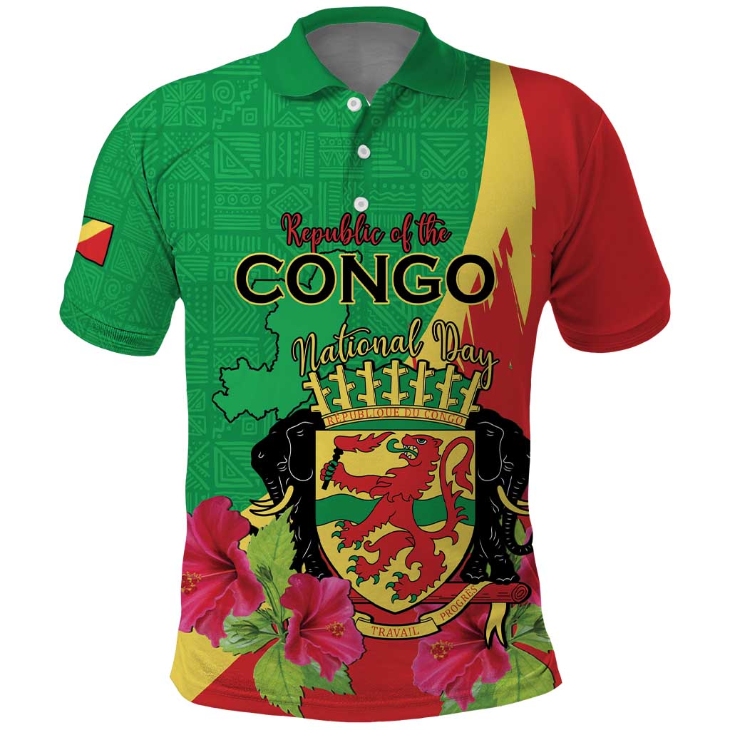 Personalized Congo Brazzaville National Day Polo Shirt Coat Of Arms Hibiscus Flower - Wonder Print Shop