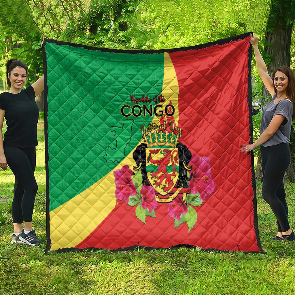 Personalized Congo Brazzaville National Day Quilt Coat Of Arms Hibiscus Flower - Wonder Print Shop