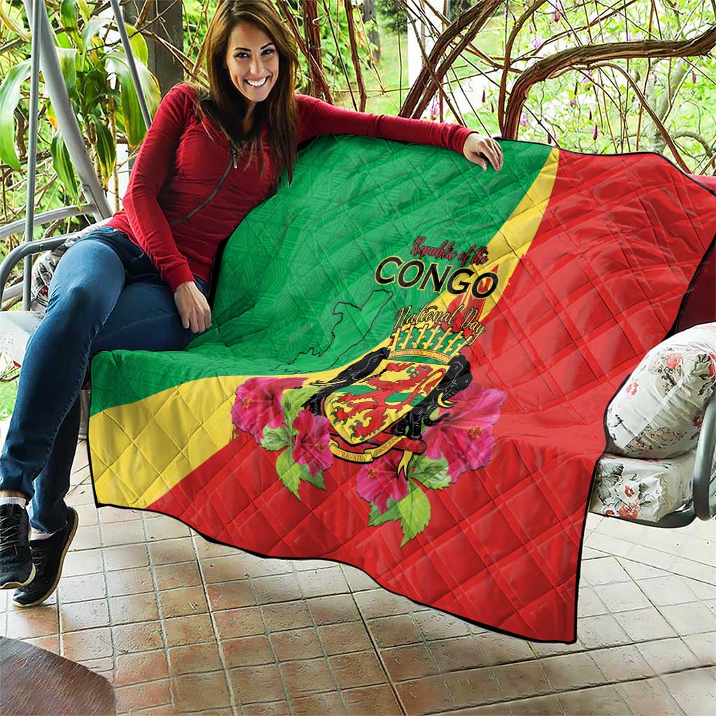 Personalized Congo Brazzaville National Day Quilt Coat Of Arms Hibiscus Flower - Wonder Print Shop