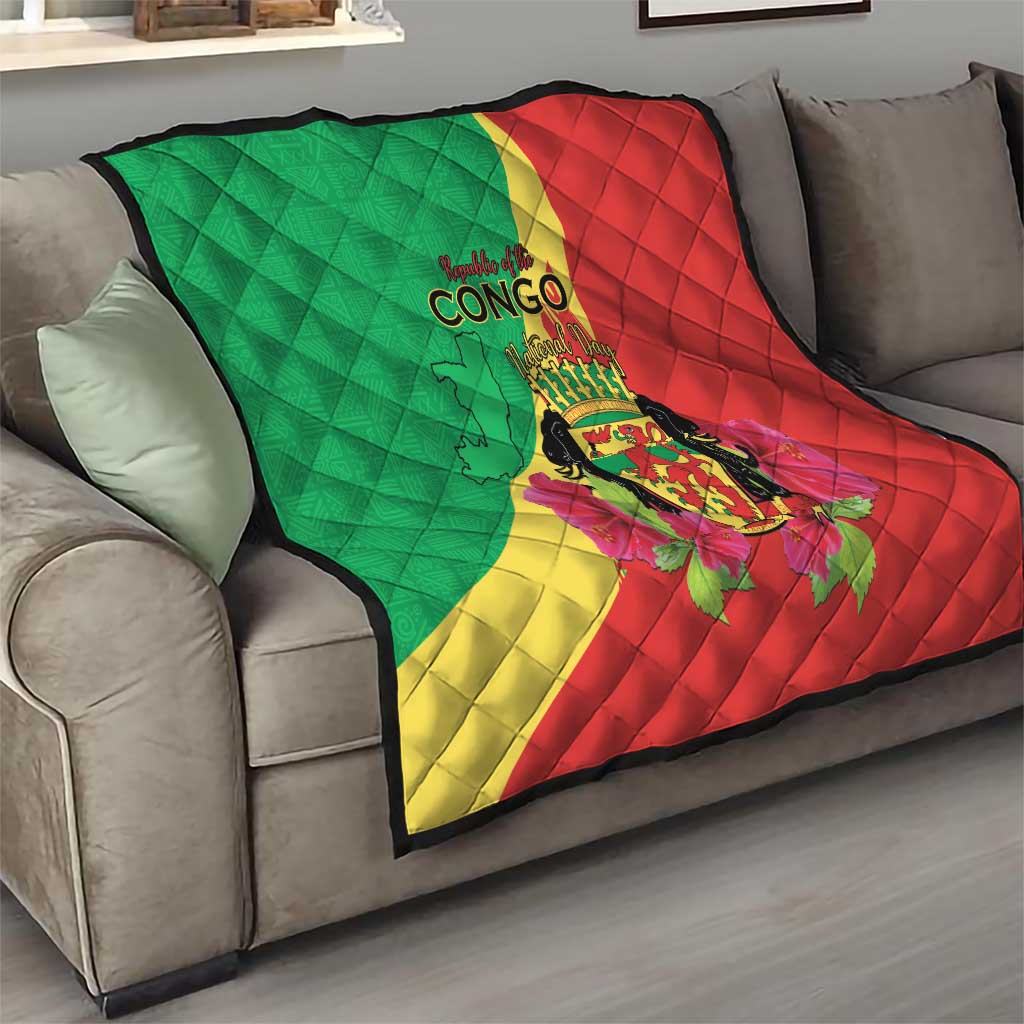 Personalized Congo Brazzaville National Day Quilt Coat Of Arms Hibiscus Flower - Wonder Print Shop