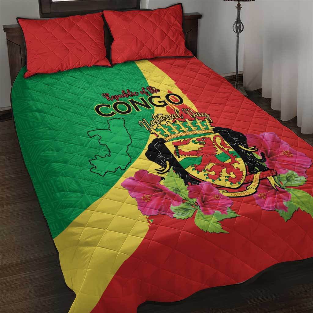 Personalized Congo Brazzaville National Day Quilt Bed Set Coat Of Arms Hibiscus Flower - Wonder Print Shop