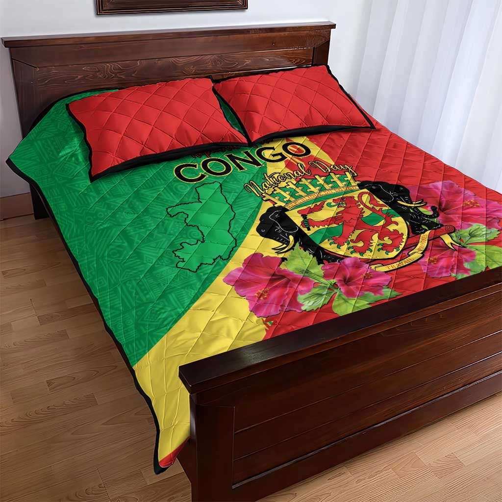 Personalized Congo Brazzaville National Day Quilt Bed Set Coat Of Arms Hibiscus Flower - Wonder Print Shop