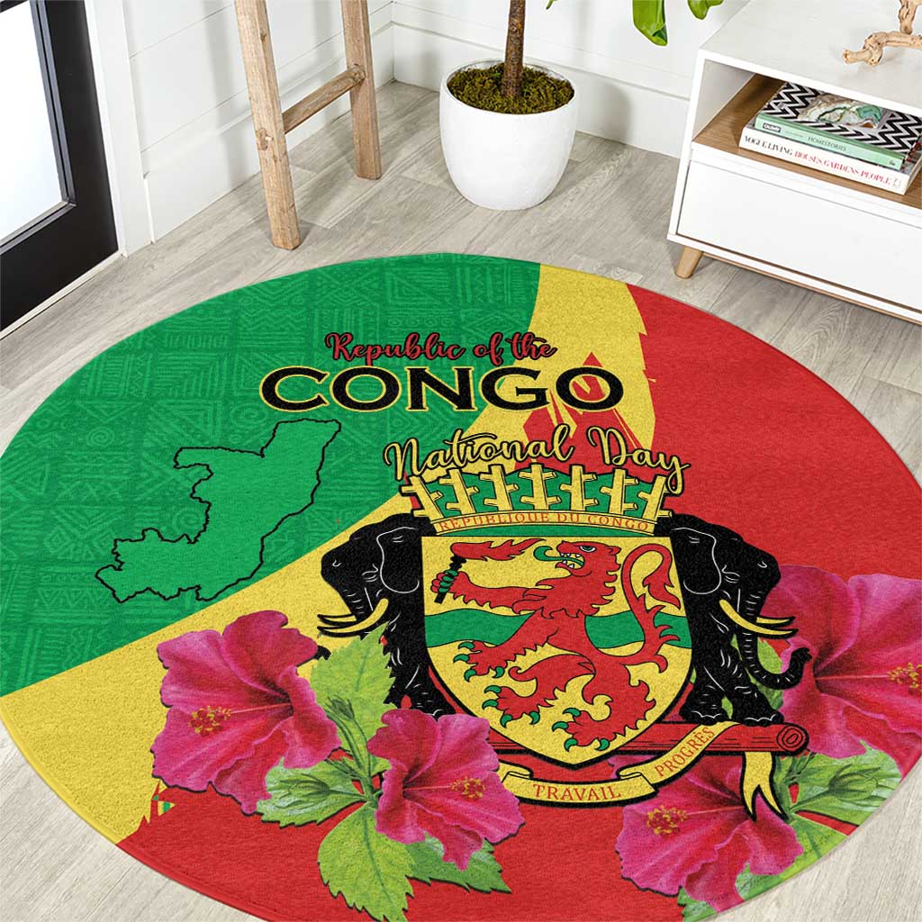 Personalized Congo Brazzaville National Day Round Carpet Coat Of Arms Hibiscus Flower - Wonder Print Shop