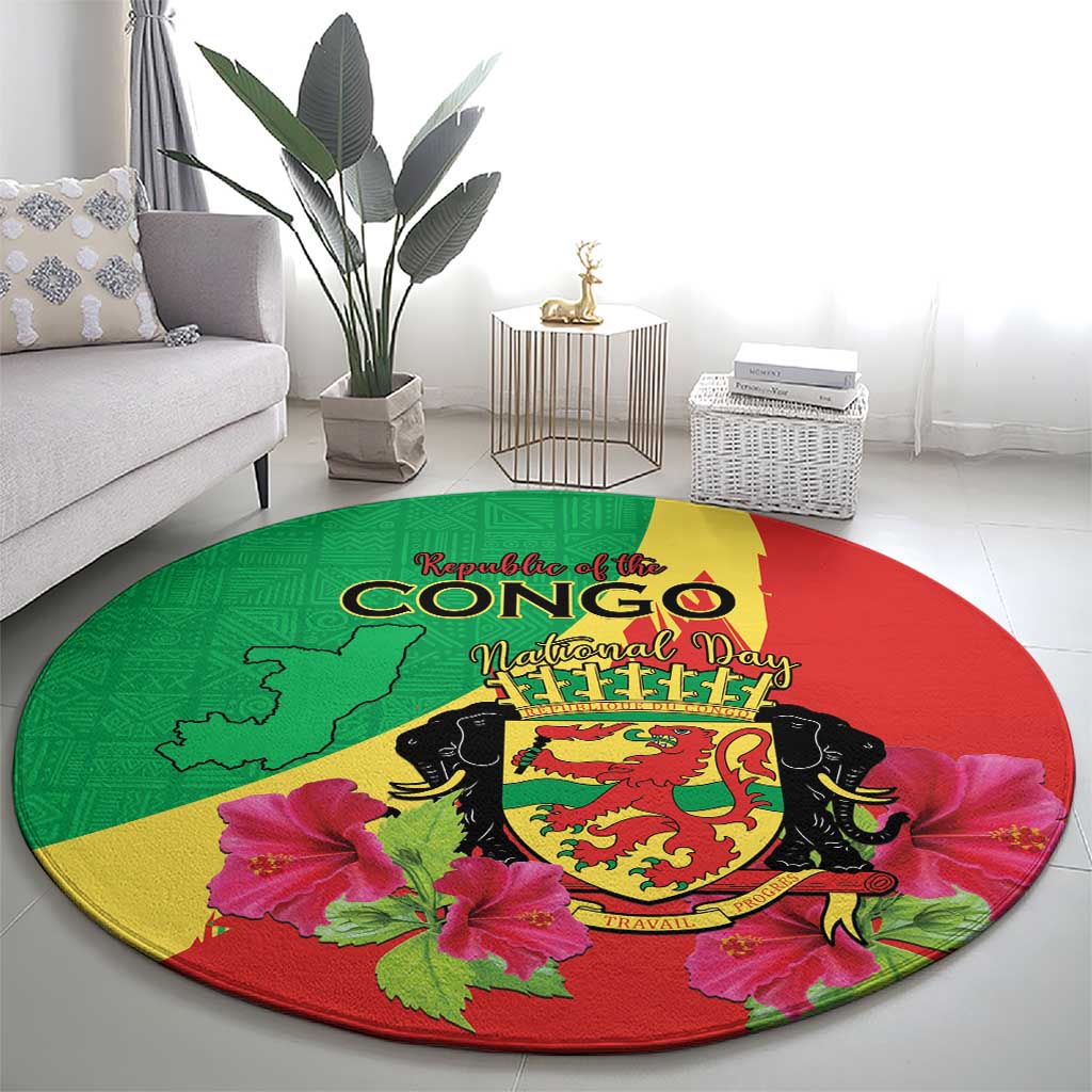 Personalized Congo Brazzaville National Day Round Carpet Coat Of Arms Hibiscus Flower - Wonder Print Shop