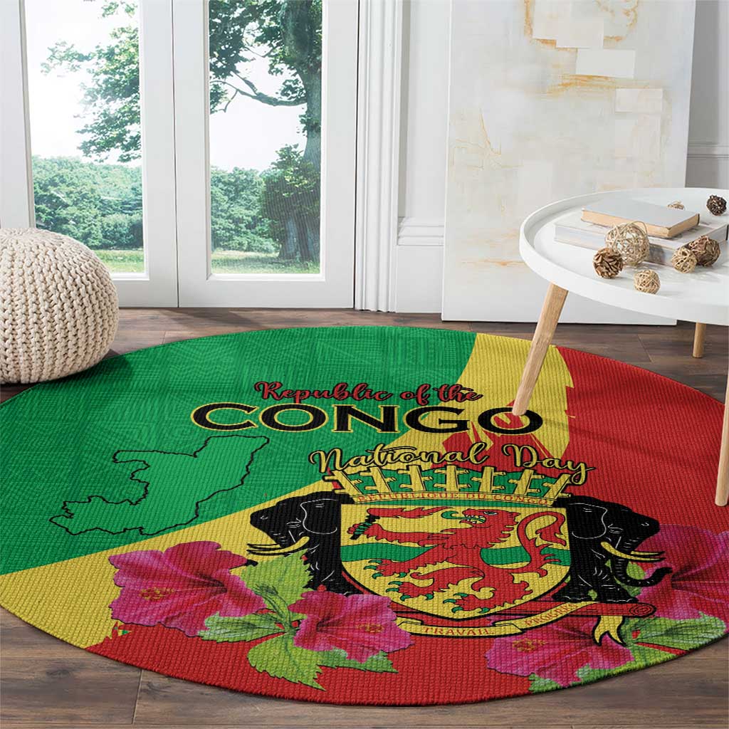 Personalized Congo Brazzaville National Day Round Carpet Coat Of Arms Hibiscus Flower - Wonder Print Shop