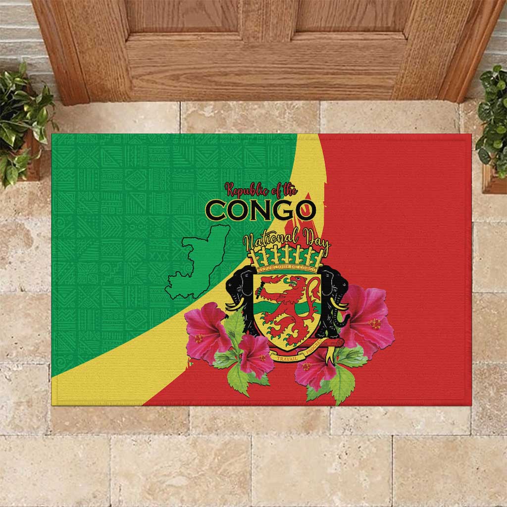 Personalized Congo Brazzaville National Day Rubber Doormat Coat Of Arms Hibiscus Flower - Wonder Print Shop