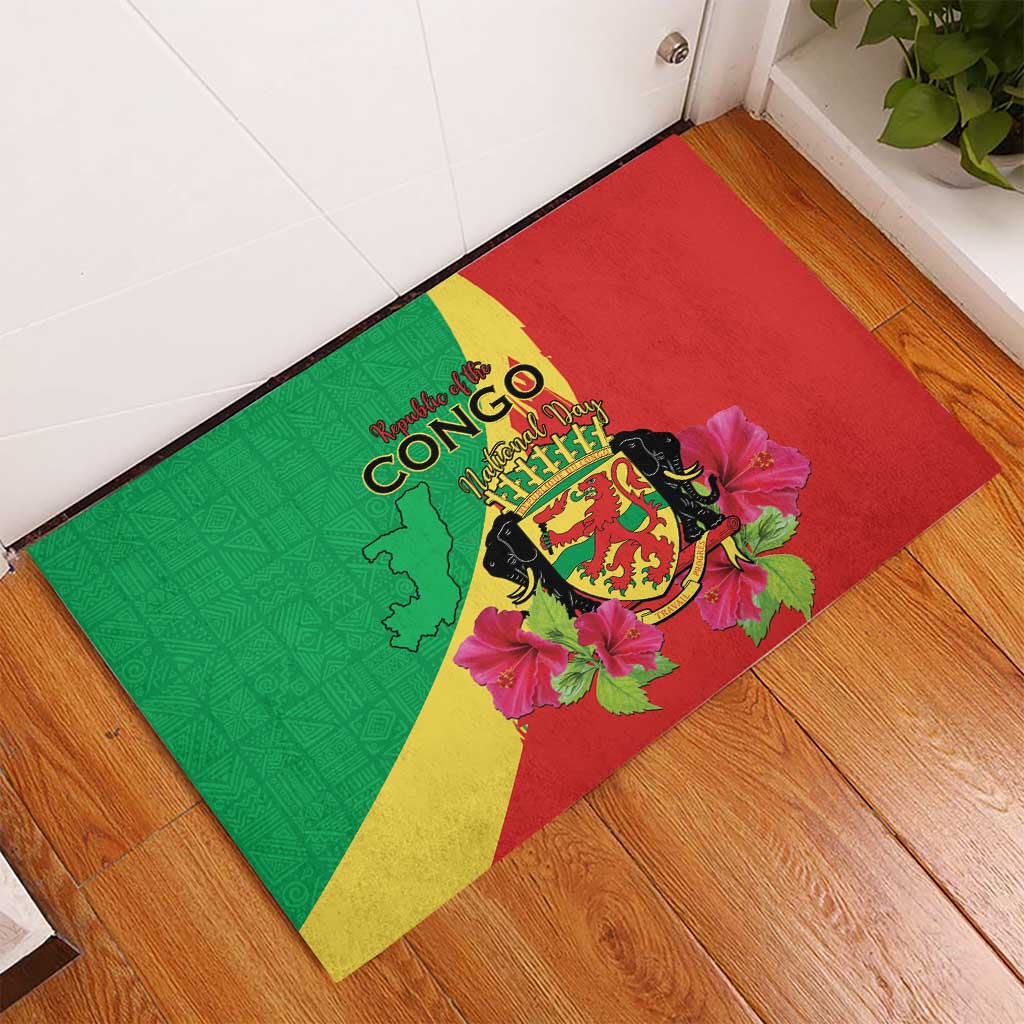 Personalized Congo Brazzaville National Day Rubber Doormat Coat Of Arms Hibiscus Flower - Wonder Print Shop