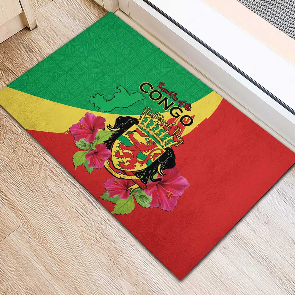 Personalized Congo Brazzaville National Day Rubber Doormat Coat Of Arms Hibiscus Flower - Wonder Print Shop