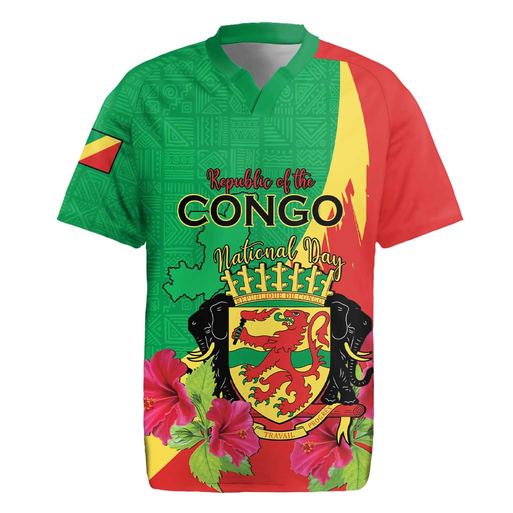 Personalized Congo Brazzaville National Day Rugby Jersey Coat Of Arms Hibiscus Flower - Wonder Print Shop