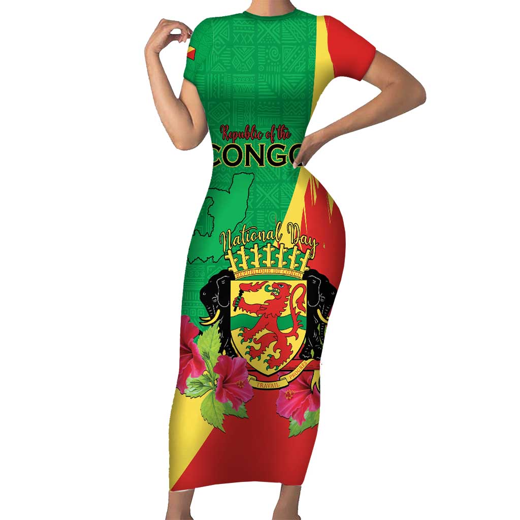 Personalized Congo Brazzaville National Day Short Sleeve Bodycon Dress Coat Of Arms Hibiscus Flower - Wonder Print Shop