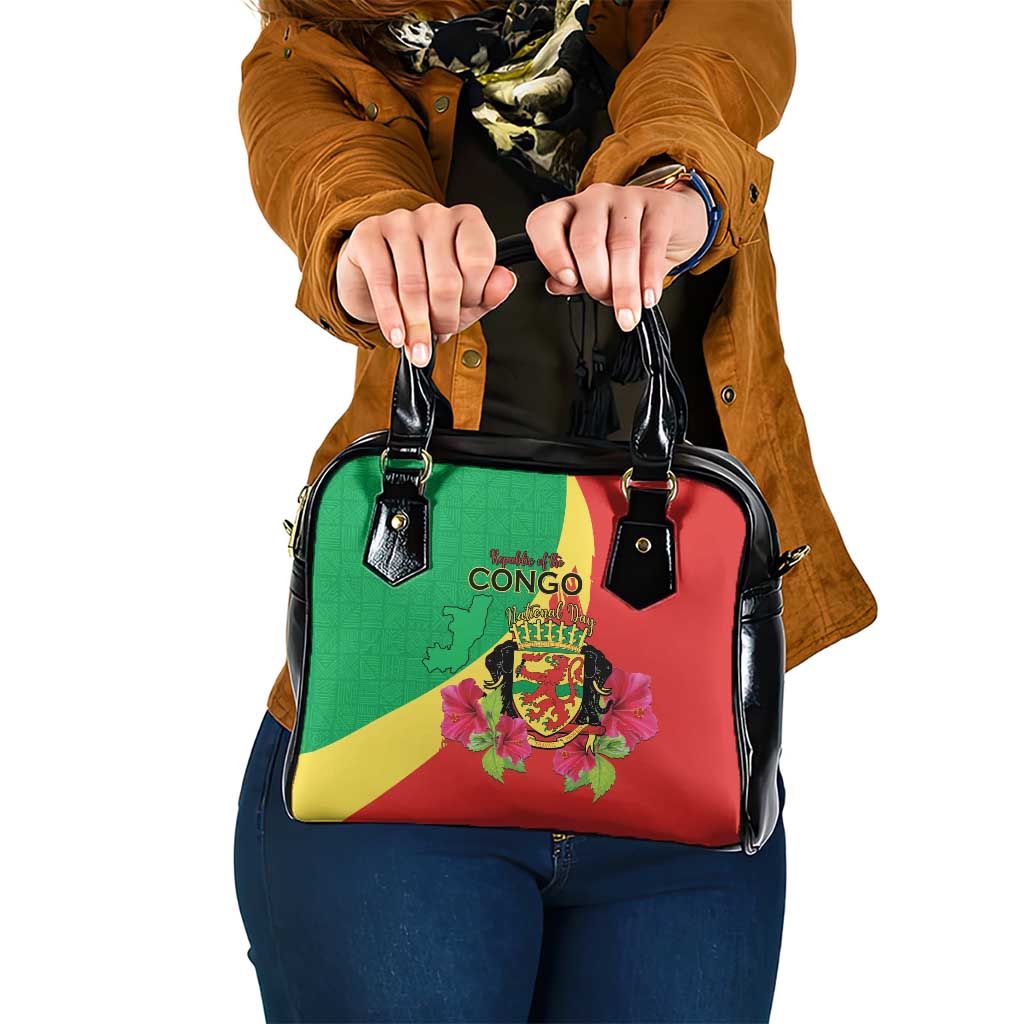 Personalized Congo Brazzaville National Day Shoulder Handbag Coat Of Arms Hibiscus Flower - Wonder Print Shop