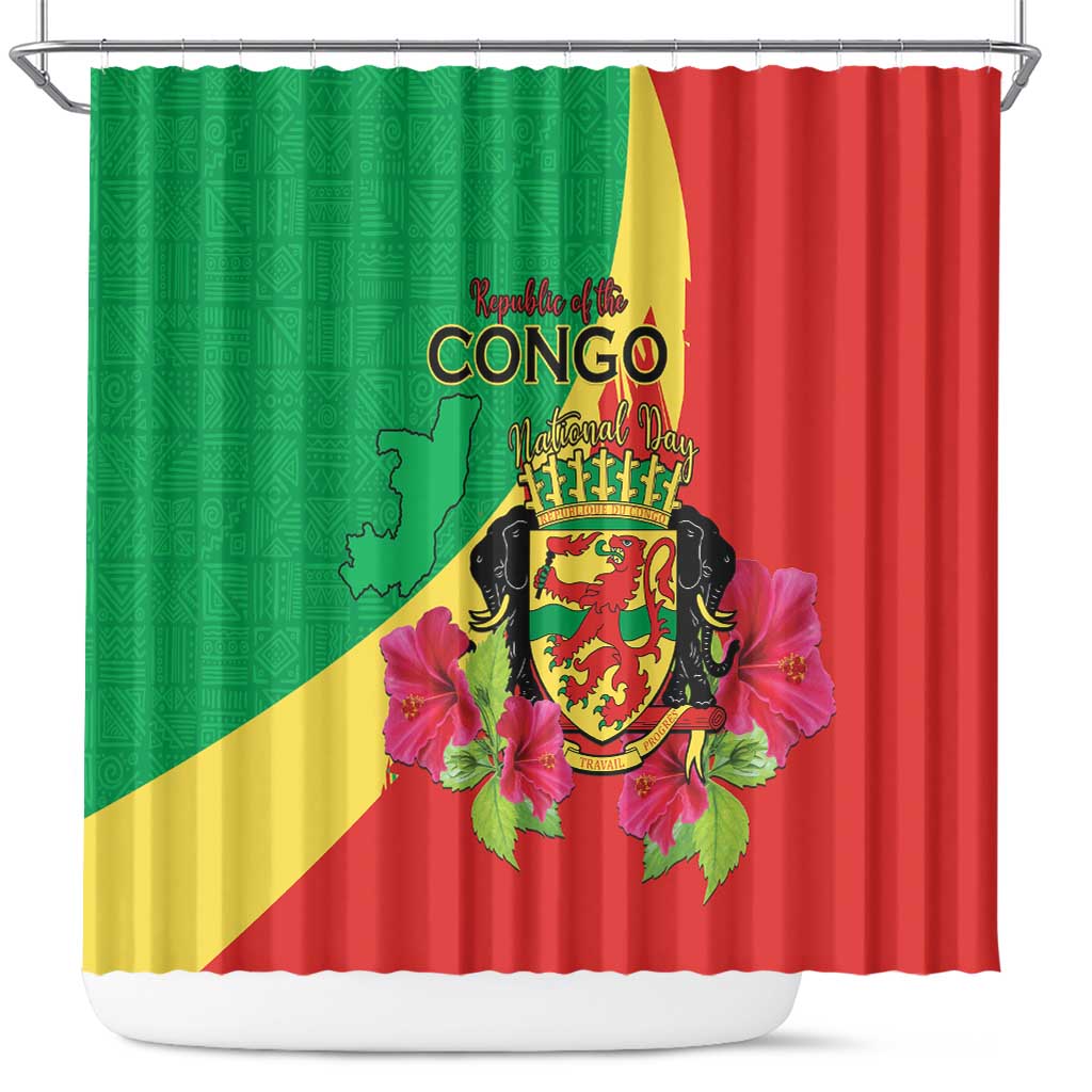 Personalized Congo Brazzaville National Day Shower Curtain Coat Of Arms Hibiscus Flower - Wonder Print Shop