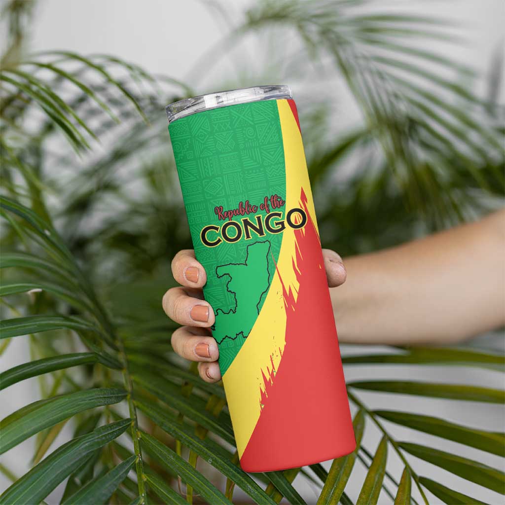 Personalized Congo Brazzaville National Day Skinny Tumbler Coat Of Arms Hibiscus Flower - Wonder Print Shop