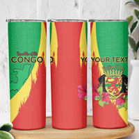 Personalized Congo Brazzaville National Day Skinny Tumbler Coat Of Arms Hibiscus Flower - Wonder Print Shop