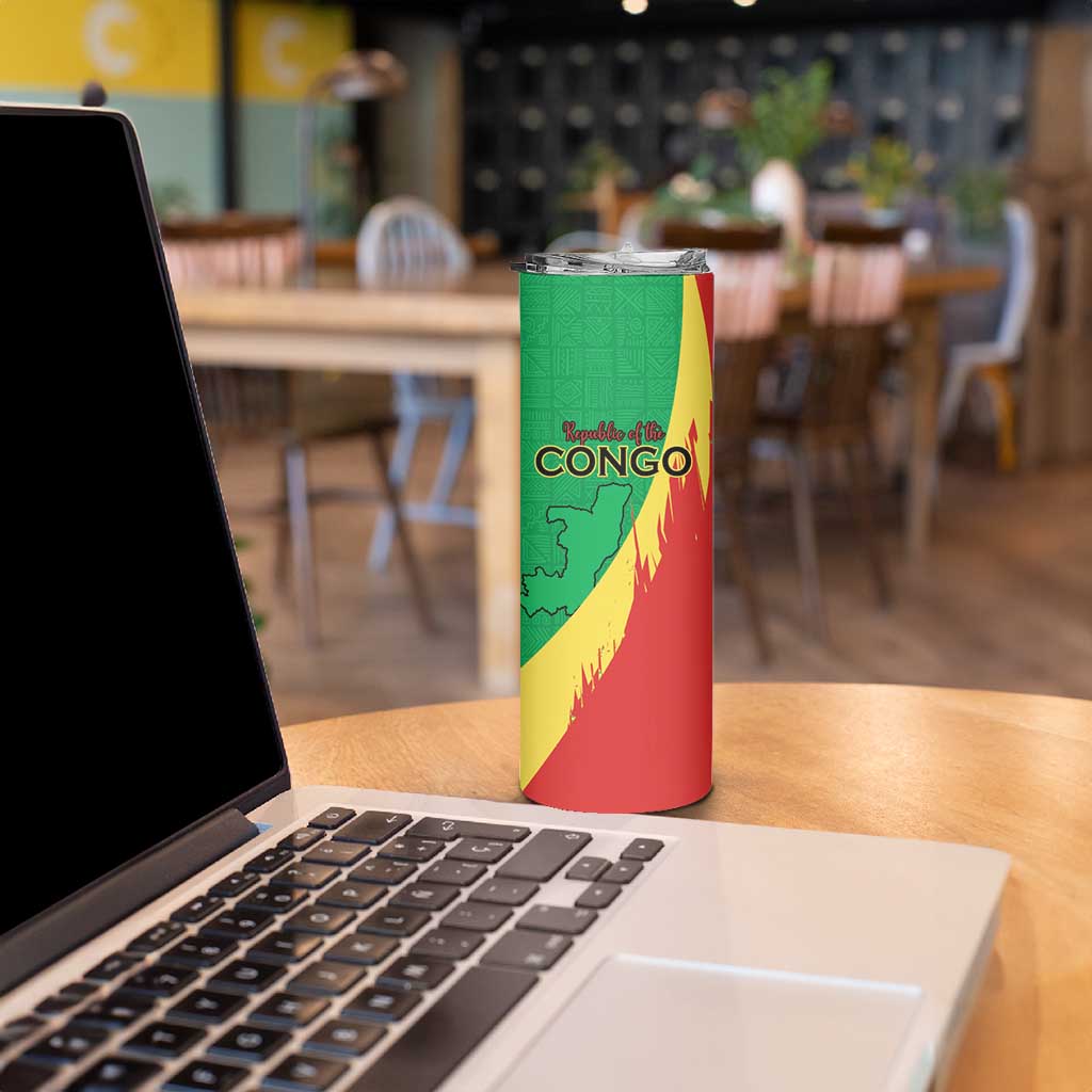 Personalized Congo Brazzaville National Day Skinny Tumbler Coat Of Arms Hibiscus Flower - Wonder Print Shop