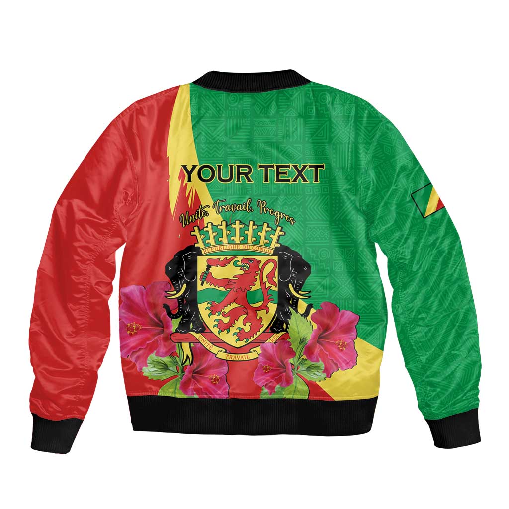 Personalized Congo Brazzaville National Day Sleeve Zip Bomber Jacket Coat Of Arms Hibiscus Flower - Wonder Print Shop