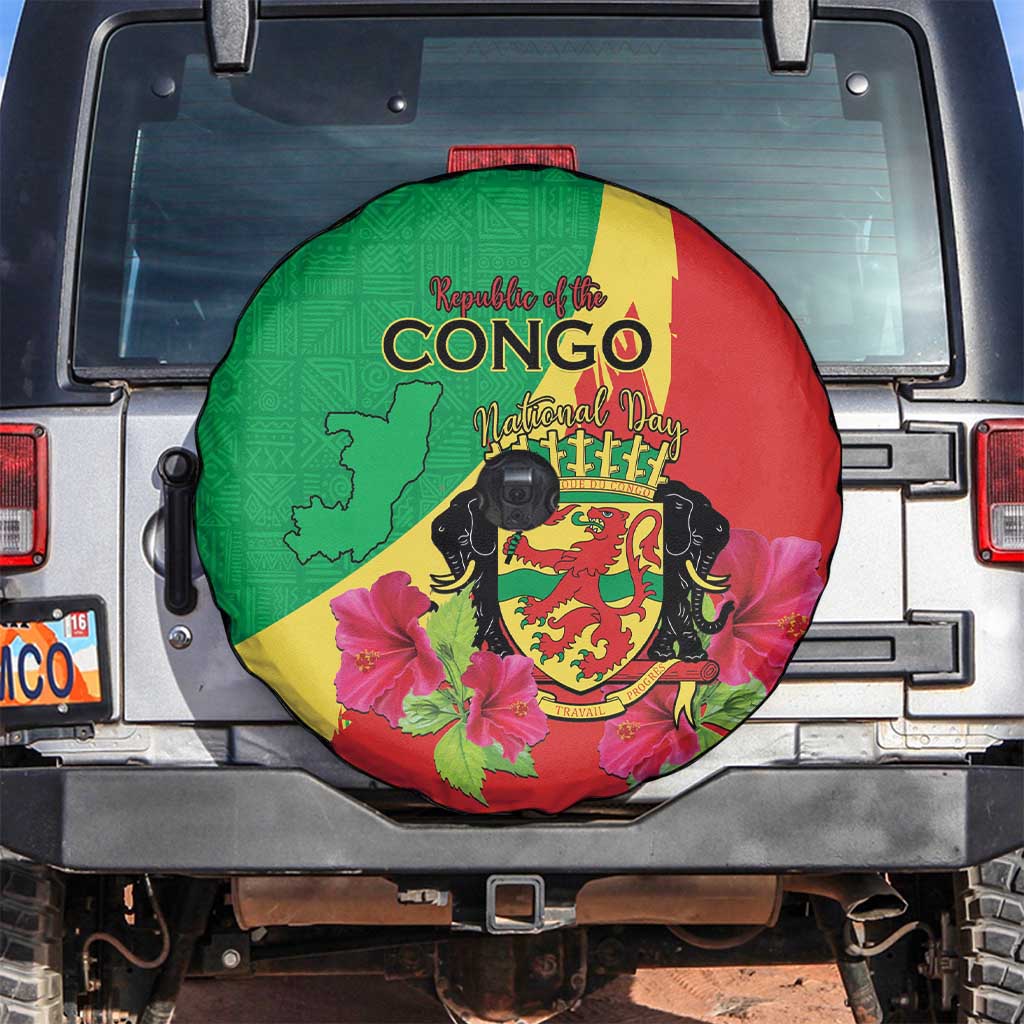 Personalized Congo Brazzaville National Day Spare Tire Cover Coat Of Arms Hibiscus Flower - Wonder Print Shop