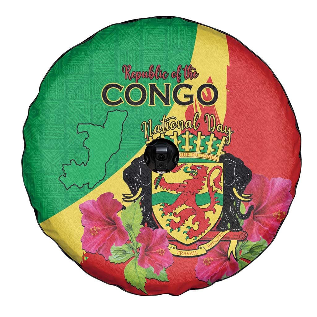 Personalized Congo Brazzaville National Day Spare Tire Cover Coat Of Arms Hibiscus Flower - Wonder Print Shop