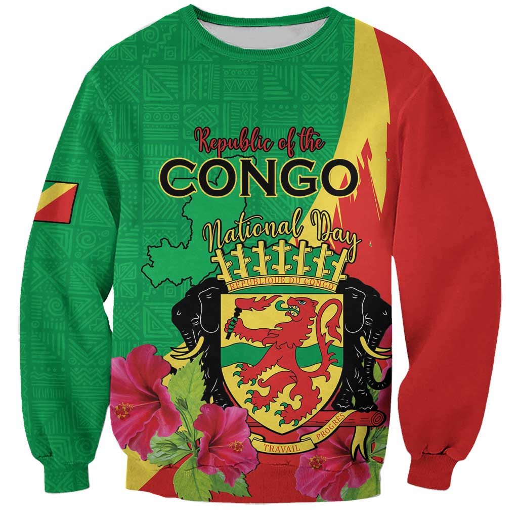 Personalized Congo Brazzaville National Day Sweatshirt Coat Of Arms Hibiscus Flower - Wonder Print Shop