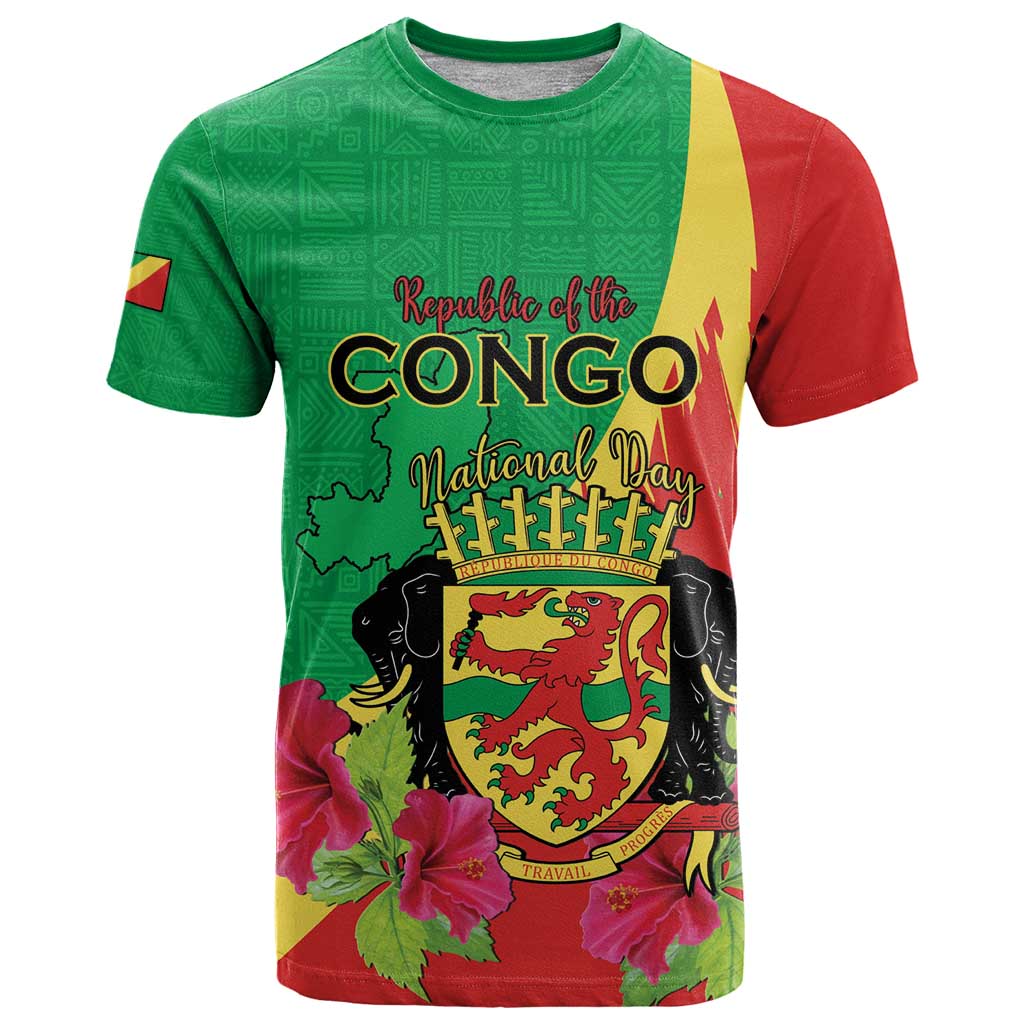 Personalized Congo Brazzaville National Day T Shirt Coat Of Arms Hibiscus Flower - Wonder Print Shop