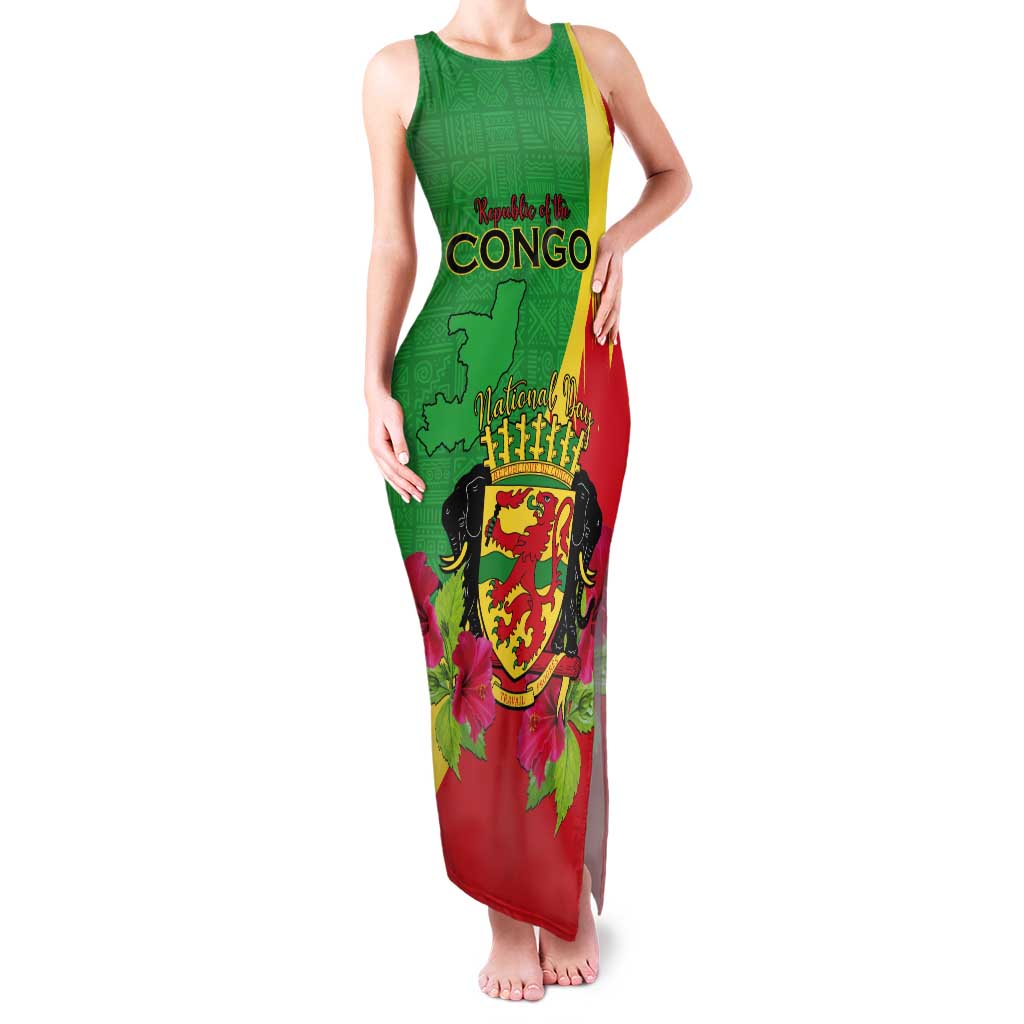 Personalized Congo Brazzaville National Day Tank Maxi Dress Coat Of Arms Hibiscus Flower - Wonder Print Shop