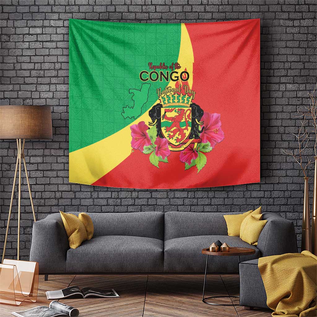 Personalized Congo Brazzaville National Day Tapestry Coat Of Arms Hibiscus Flower - Wonder Print Shop