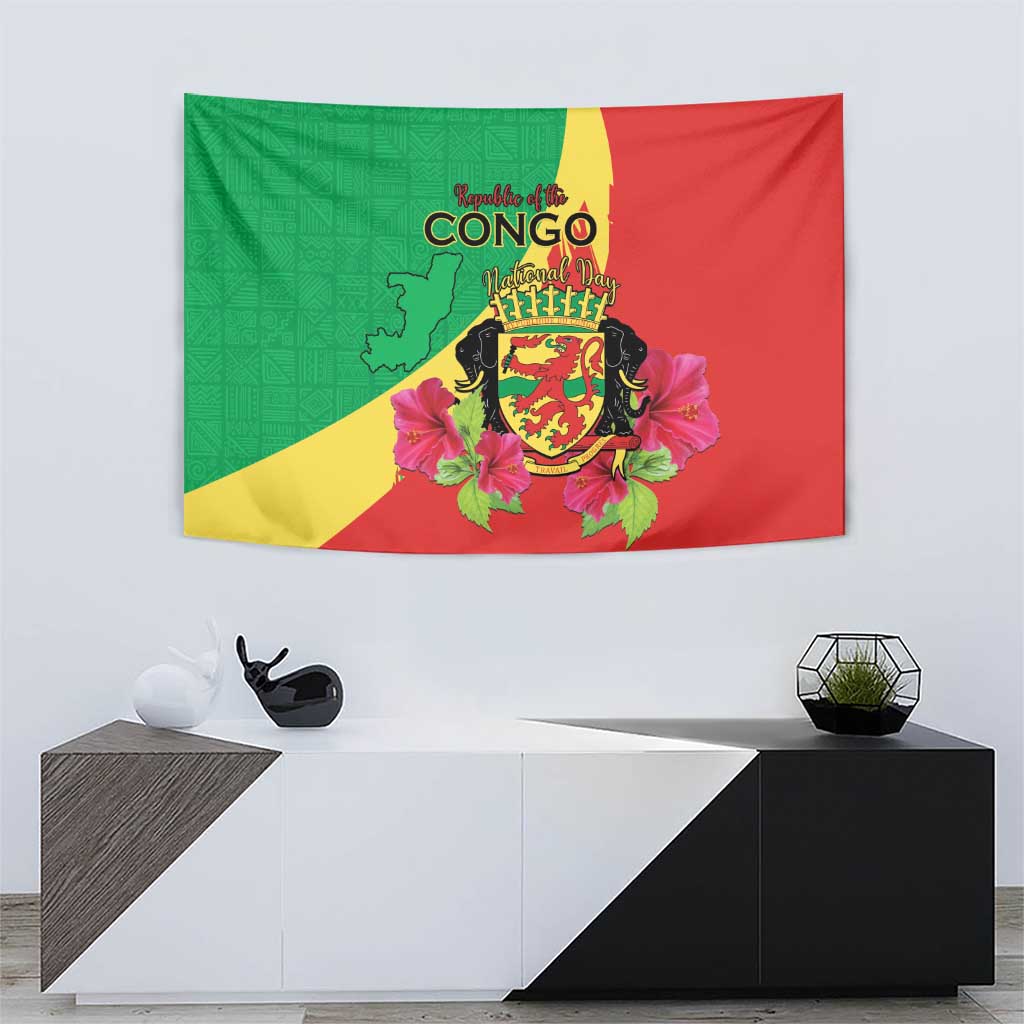 Personalized Congo Brazzaville National Day Tapestry Coat Of Arms Hibiscus Flower - Wonder Print Shop