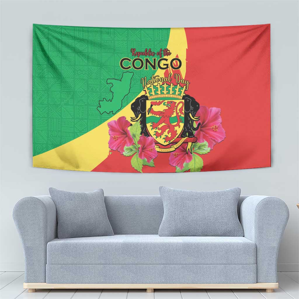 Personalized Congo Brazzaville National Day Tapestry Coat Of Arms Hibiscus Flower - Wonder Print Shop