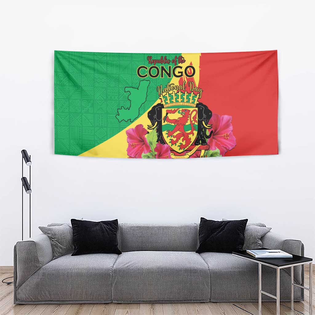 Personalized Congo Brazzaville National Day Tapestry Coat Of Arms Hibiscus Flower - Wonder Print Shop