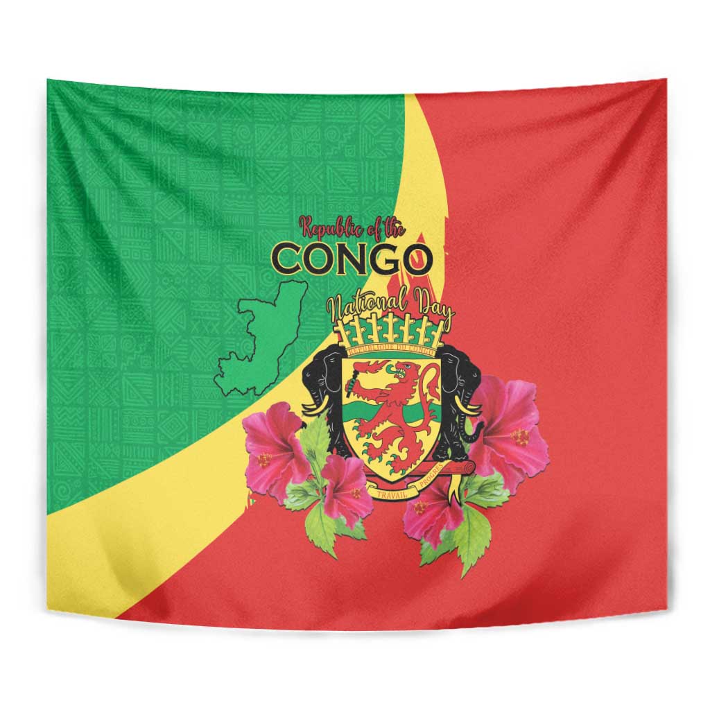 Personalized Congo Brazzaville National Day Tapestry Coat Of Arms Hibiscus Flower - Wonder Print Shop