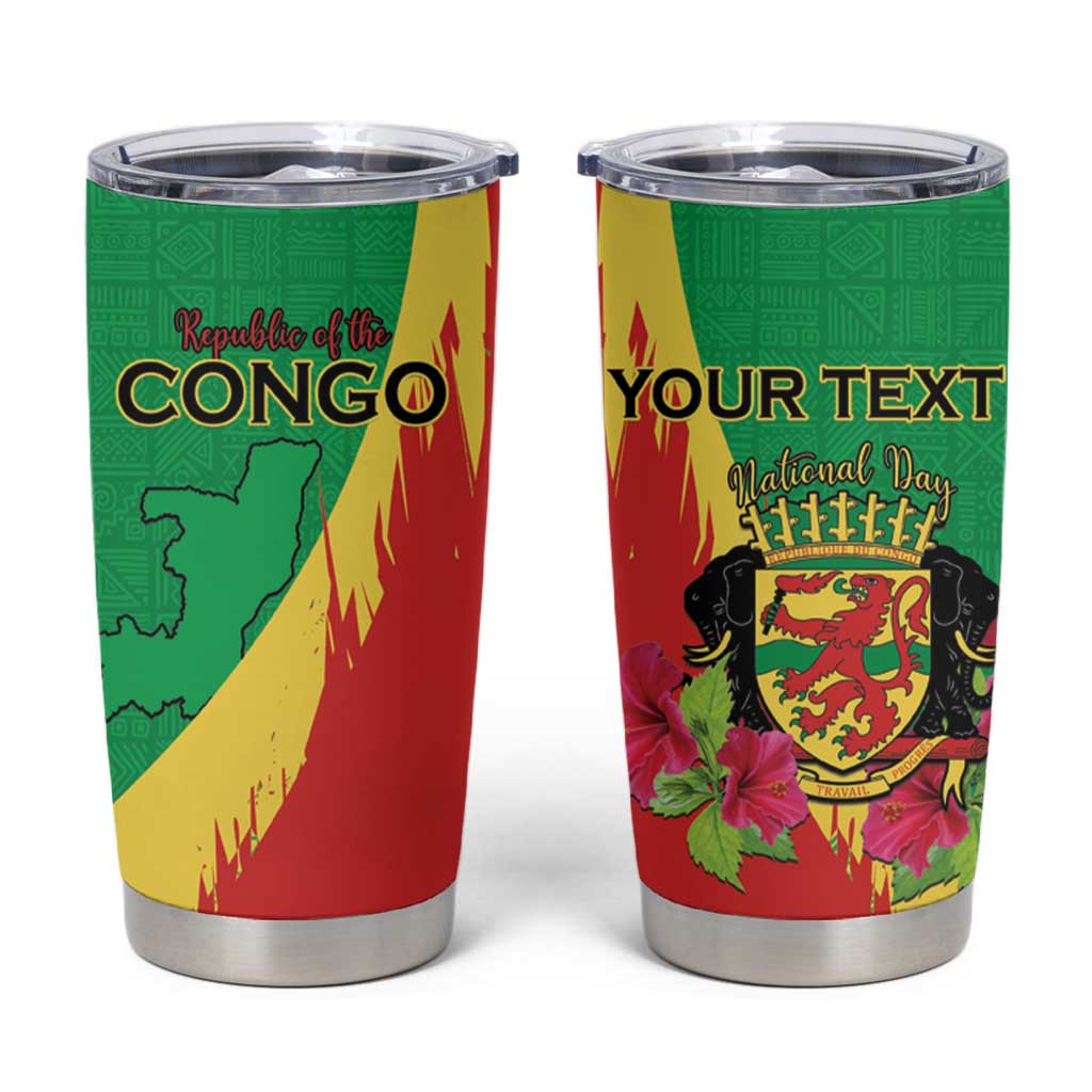 Personalized Congo Brazzaville National Day Tumbler Cup Coat Of Arms Hibiscus Flower - Wonder Print Shop