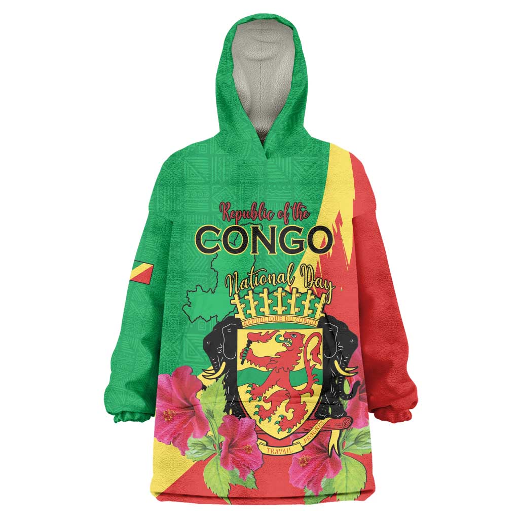 Personalized Congo Brazzaville National Day Wearable Blanket Hoodie Coat Of Arms Hibiscus Flower - Wonder Print Shop