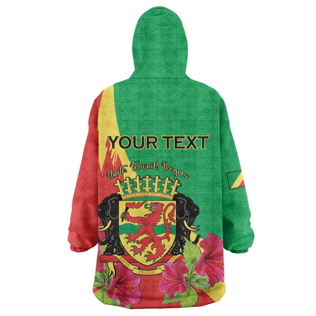 Personalized Congo Brazzaville National Day Wearable Blanket Hoodie Coat Of Arms Hibiscus Flower - Wonder Print Shop