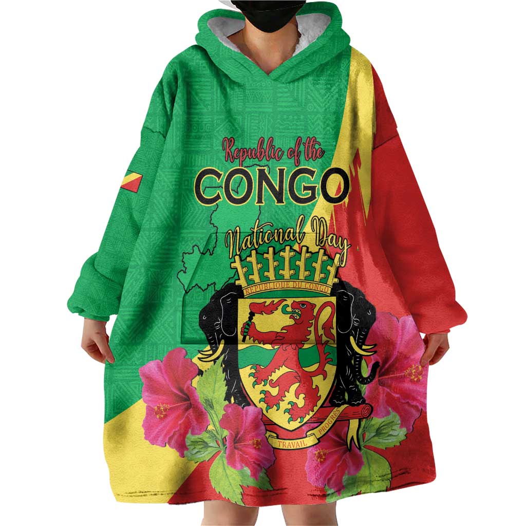 Personalized Congo Brazzaville National Day Wearable Blanket Hoodie Coat Of Arms Hibiscus Flower - Wonder Print Shop