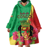 Personalized Congo Brazzaville National Day Wearable Blanket Hoodie Coat Of Arms Hibiscus Flower - Wonder Print Shop