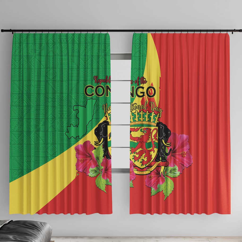 Personalized Congo Brazzaville National Day Window Curtain Coat Of Arms Hibiscus Flower - Wonder Print Shop