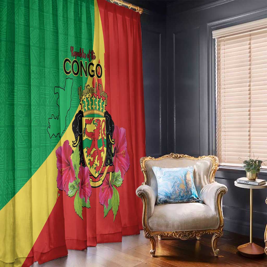 Personalized Congo Brazzaville National Day Window Curtain Coat Of Arms Hibiscus Flower - Wonder Print Shop