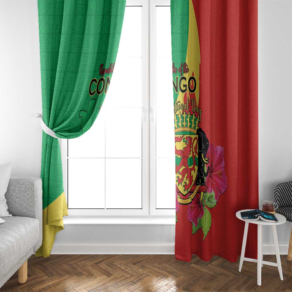 Personalized Congo Brazzaville National Day Window Curtain Coat Of Arms Hibiscus Flower - Wonder Print Shop