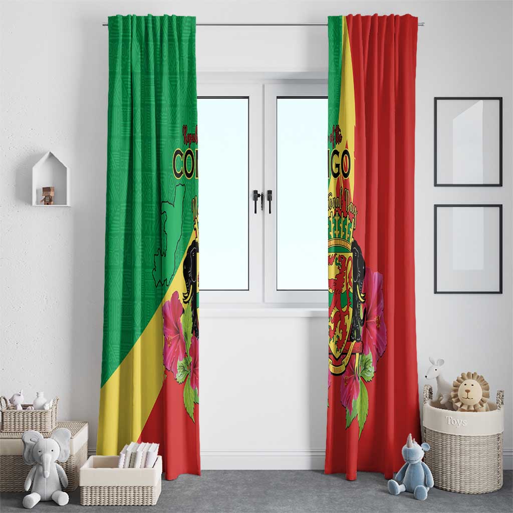 Personalized Congo Brazzaville National Day Window Curtain Coat Of Arms Hibiscus Flower - Wonder Print Shop