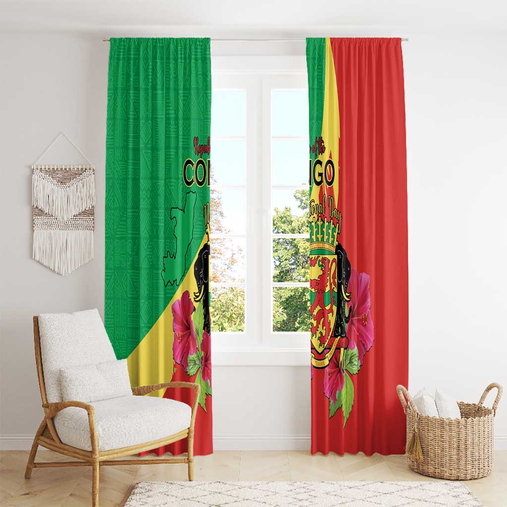 Personalized Congo Brazzaville National Day Window Curtain Coat Of Arms Hibiscus Flower - Wonder Print Shop