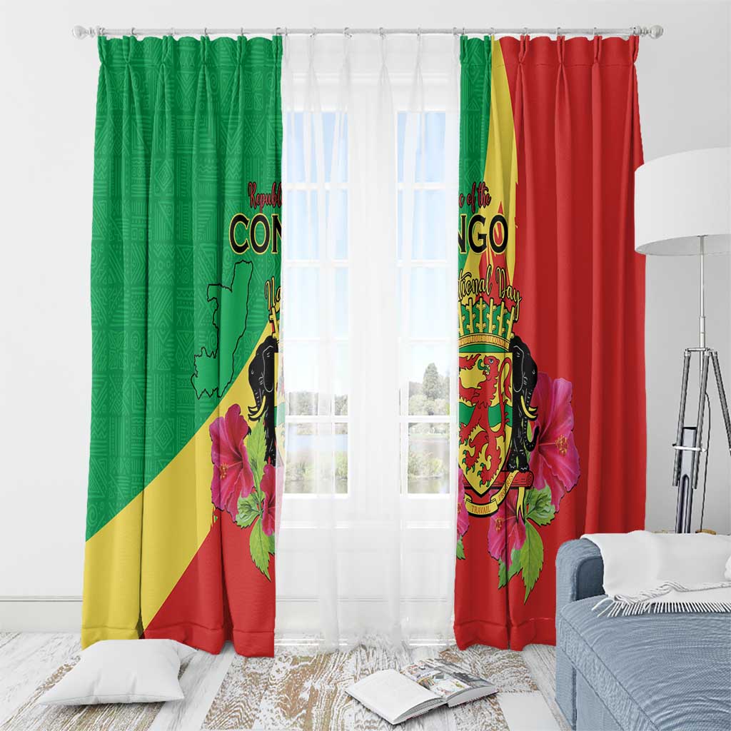 Personalized Congo Brazzaville National Day Window Curtain Coat Of Arms Hibiscus Flower - Wonder Print Shop
