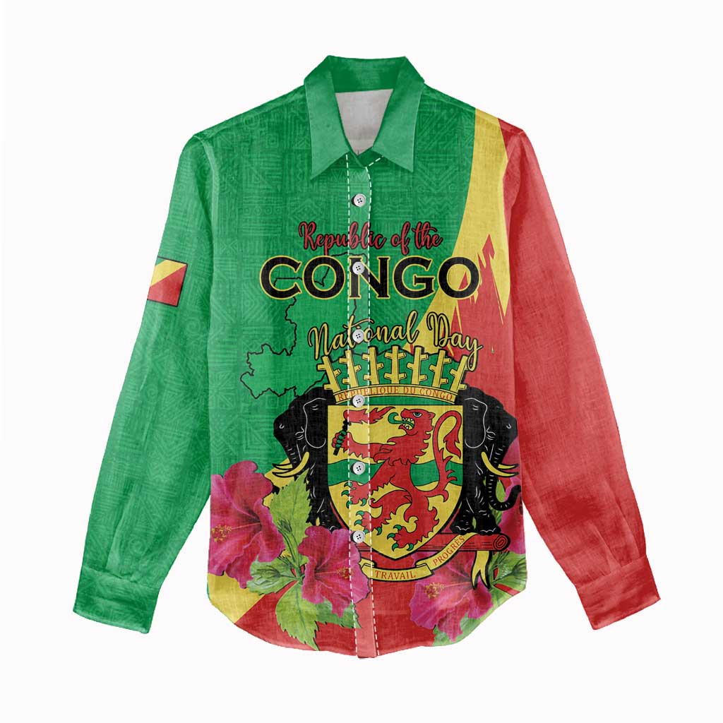 Personalized Congo Brazzaville National Day Women Casual Shirt Coat Of Arms Hibiscus Flower - Wonder Print Shop