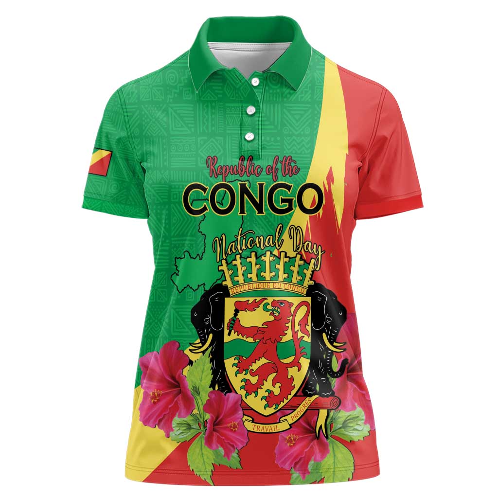 Personalized Congo Brazzaville National Day Women Polo Shirt Coat Of Arms Hibiscus Flower - Wonder Print Shop